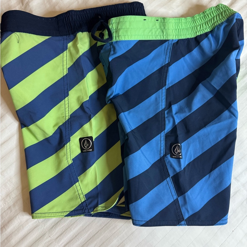 Volcom Diagonal Striped Swim Shorts - Green and Blue, Lot of 2